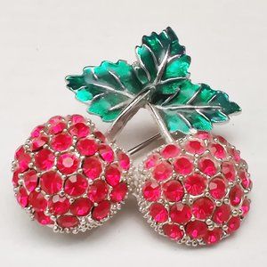Vintage Red & Green Rhinestone Cherry Brooch